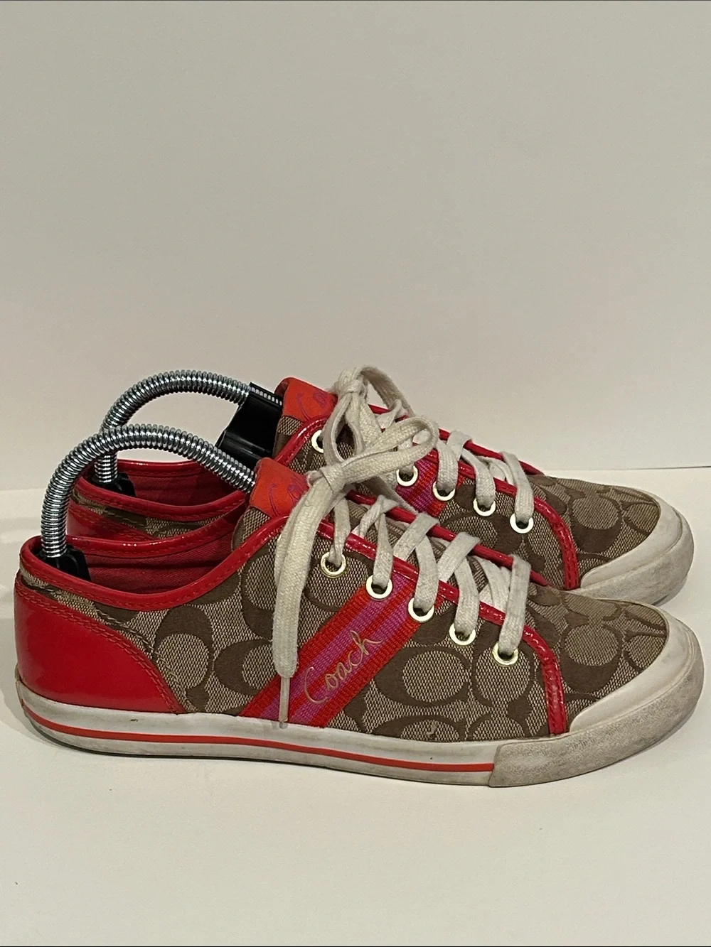 Coach Brown Signature Sneakers with Red Patent Leather Accents Pink Red Ribbon